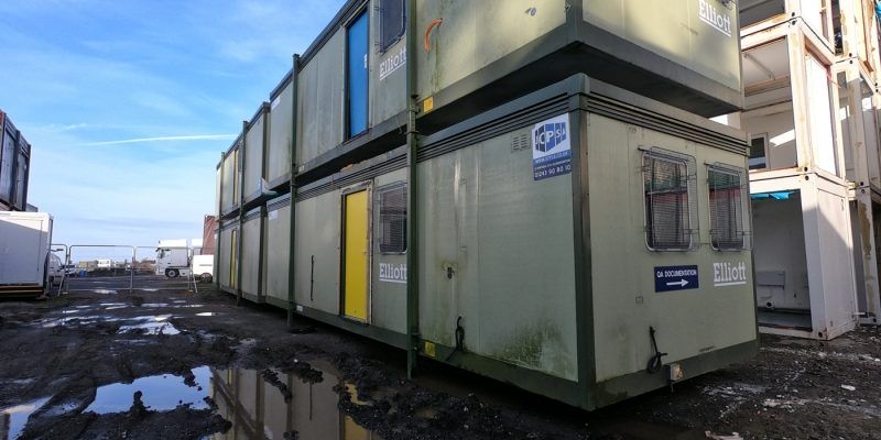 TWO 32ft x 10ft PORTABLE SITE OFFICES / BUILDING SITE CABINS – STACKED, WITH STAIRS