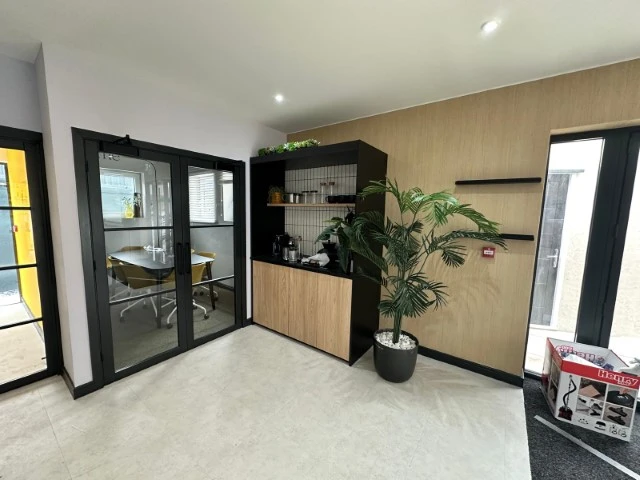 Reception area inside a prefabricated modular office building